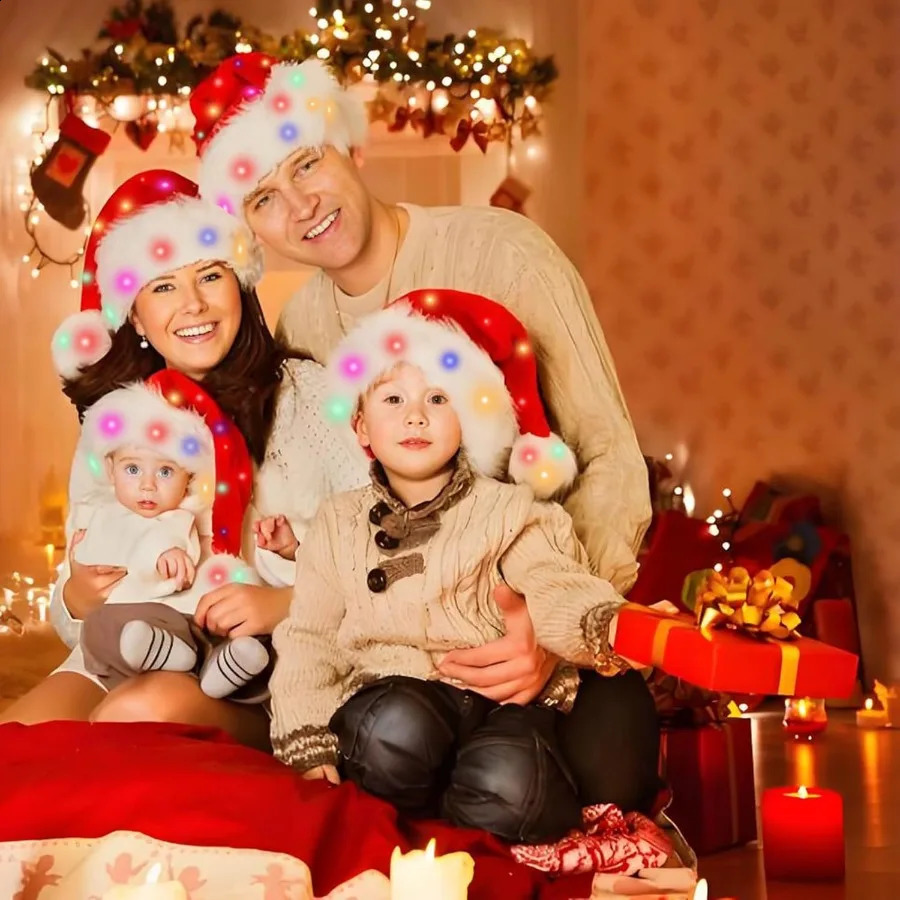 Light Up Christmas Santa Hat Red Velvet Xmas Costume Hats for Adult Women Men Party Holiday Unisex Year Festive Headwear wi 251023