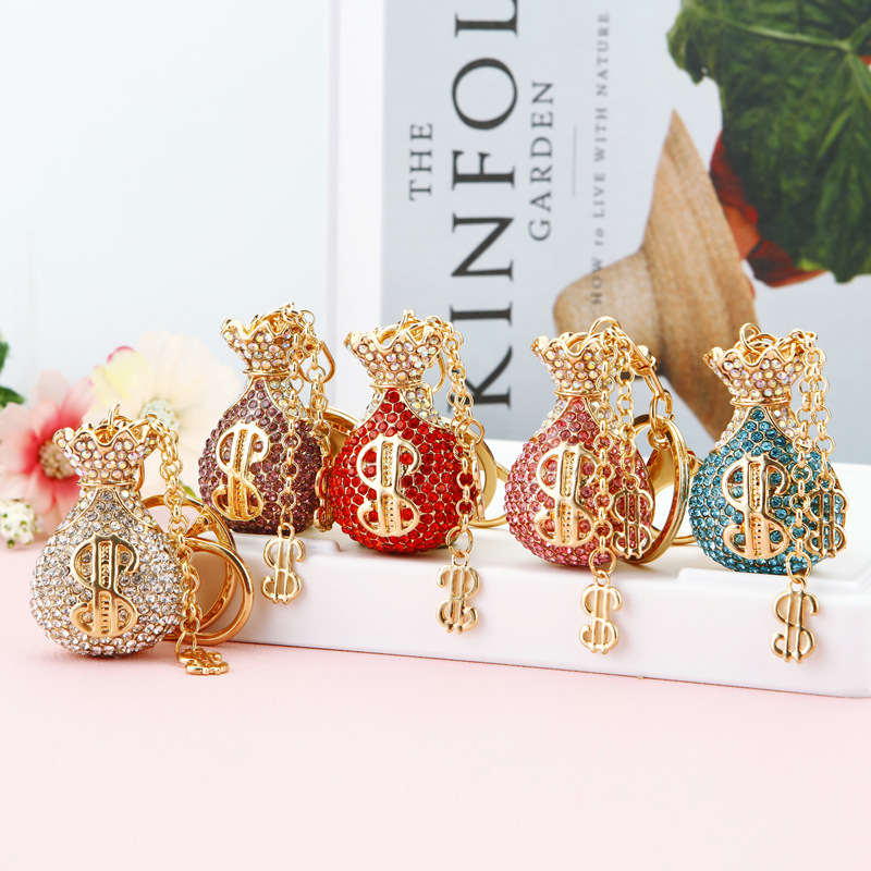 Lucky Wealth Alloy Rhinestone Money Bag make Dollars Keychain Car Charm & Fortune Pouch Bag Pendant, Couple Key Chain Gift (Wholesale)
