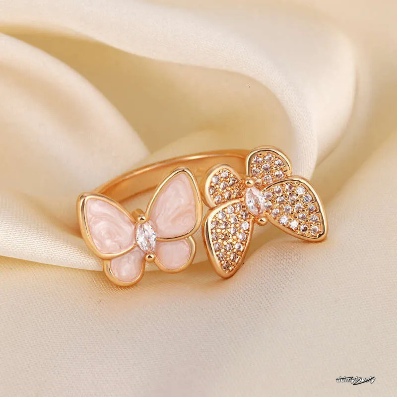 Open Adjustable Ring With Double Butterfly Design - Mother Of Pearl & Rhinestone Elegant Women's Jewelry Ddmylovely
