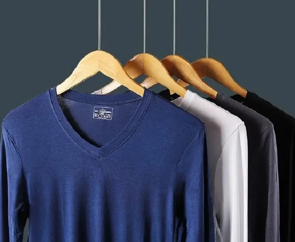 5PCS Mens thin modal longsleeved shirt basic low neck Vneck slimming singlepiece base layer thermal underwear top 251018