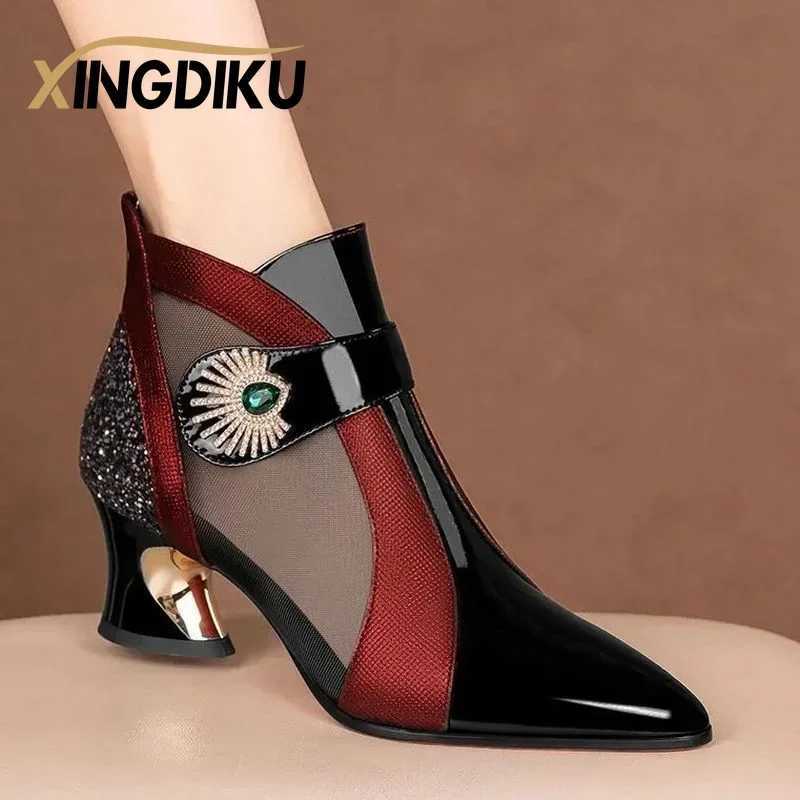 2024 Summer Mesh Breathable Sandals with Rhinestone Decoration Shaped Heels Retro British Style Sandals Leather Boots Women W251024