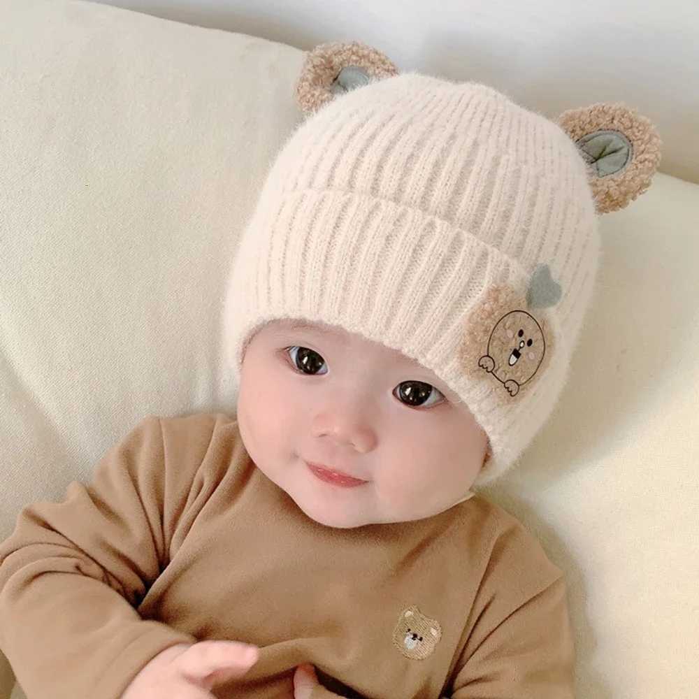 New Baby Cartoon Knitted Hat Cute Bear Earmuff Beanie Soft Thick Kids Warm Headwear Suitable for Fall Winter Kids GiftsL251024