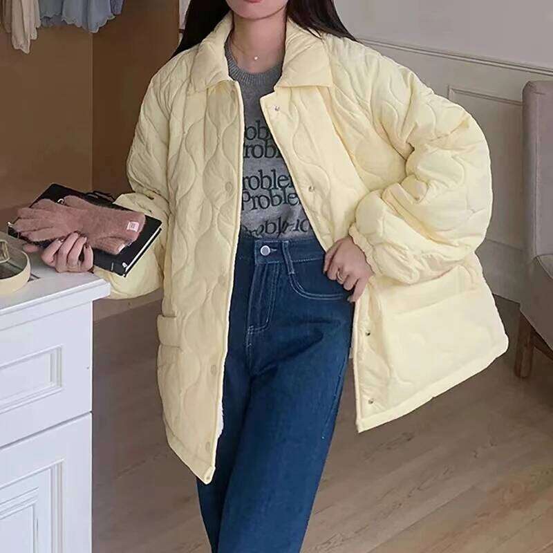 Autumn Winter Vintage Loose Wool Rhombus Cotton-Padded Jacket Parkas Women Sweet Pocket Solid Long Sleeve Coat Warm Outerwear