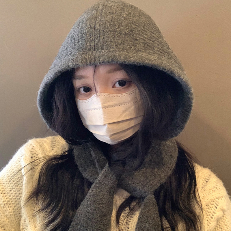 Large Head Circumference Raffia Scarf for Women, Autumn and Winter New Knitted Hooded Integrated Warm Ear Protection Wool Hat