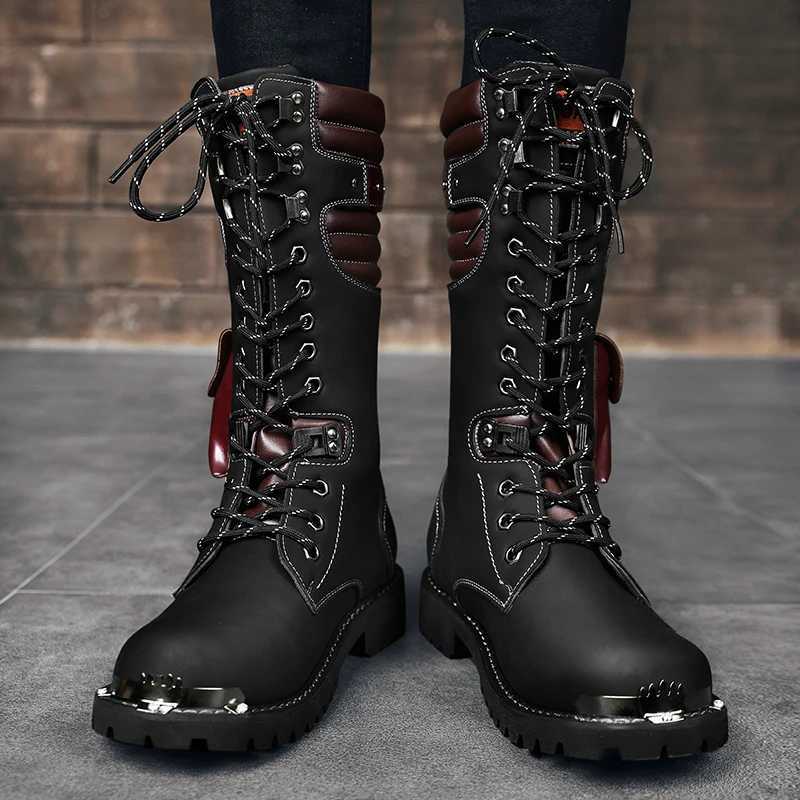 Mens plus size Casual High Top Leather Boots Spring and Autumn Outdoor Motorcycle Boots comfort Chain collision avoidance Boots W251024