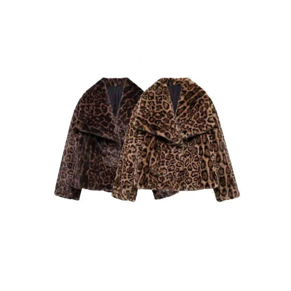 Women's Thick Warm Leopard Faux Fur Jacket, Lapel Collar Coat, Long Sleeve Female Outerwear, Chic Tops, Fashion