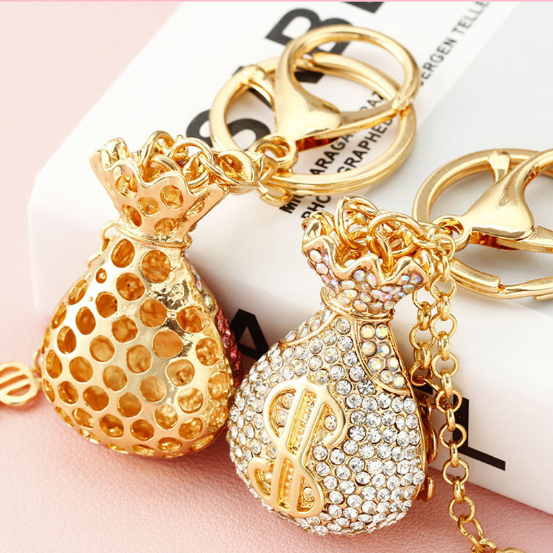 Lucky Wealth Alloy Rhinestone Money Bag make Dollars Keychain Car Charm & Fortune Pouch Bag Pendant, Couple Key Chain Gift (Wholesale)