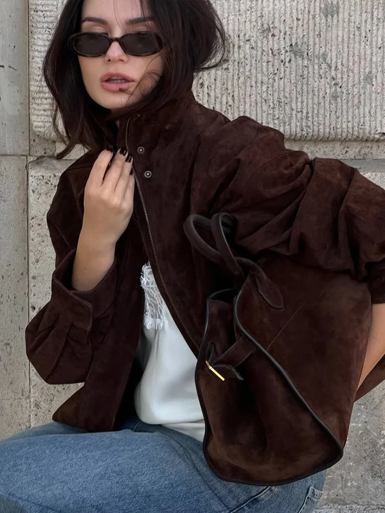 Women Casual Solid Short Suede Jacket Fashion Chic Lapel Zipper Pocket Loose Jackets Lady Autumn Daily Commute Street Coat 251021