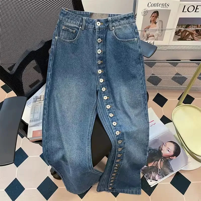 Retro Blue Straight Loose Jeans Spring Autumn Multi Buttons Slim Wide Leg Denim Pants Female Trousers Streetwear 251021