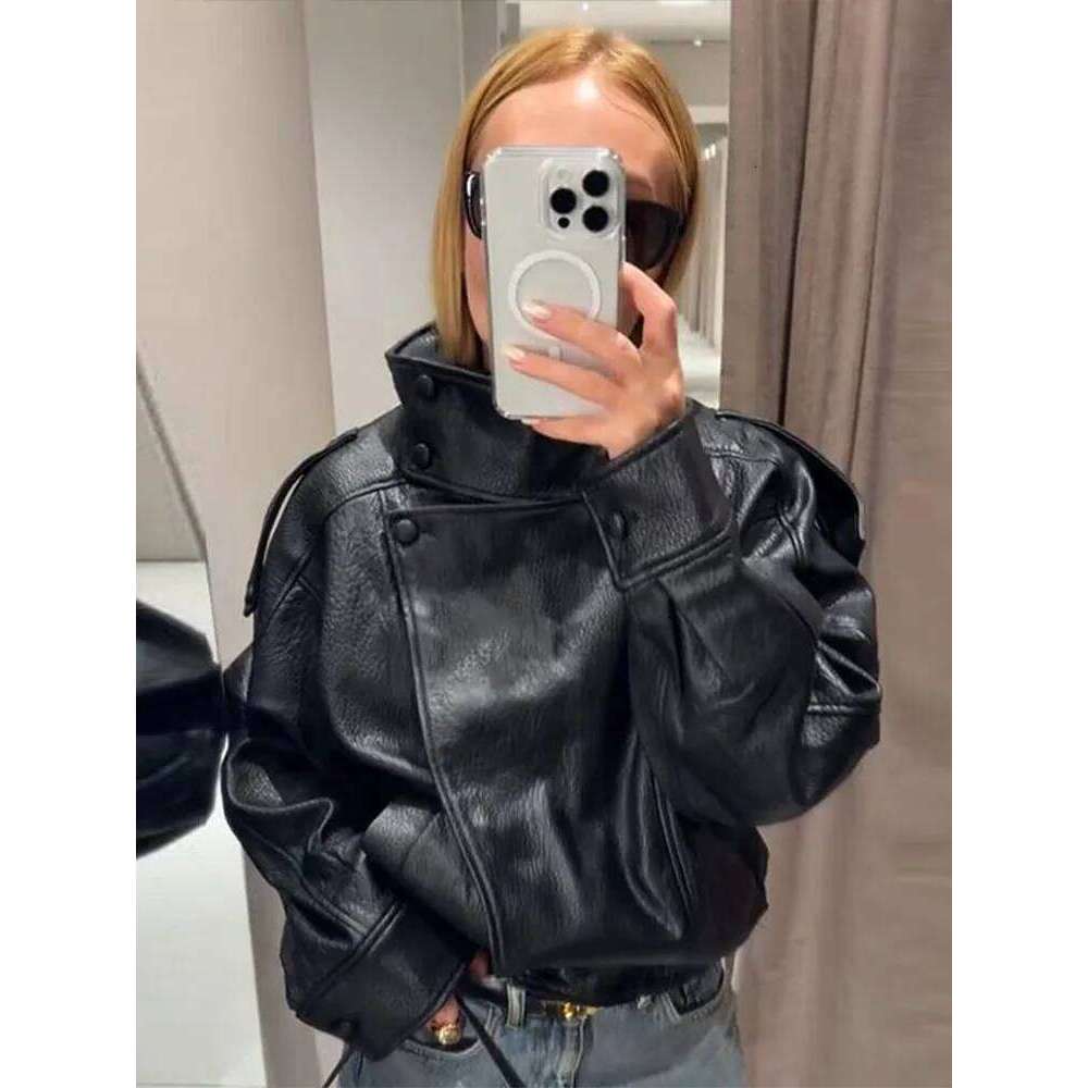 Stand Collar Women S Jacket Full Sleeve Double Button Solid Female Leather Jackets Autumn Fashion High Street Lady Outwears