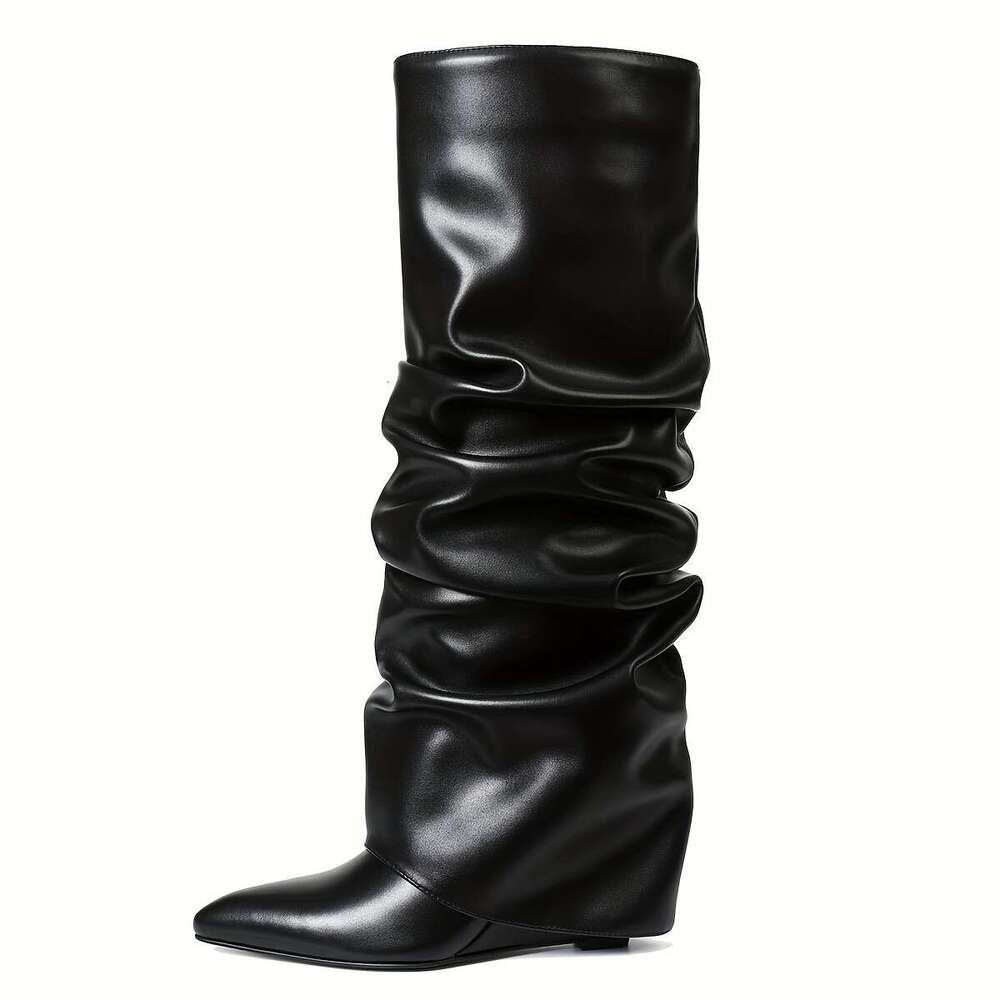 Knee Shark For Women, Fold Over Ruched Slouchy Pleated With Wedge High Heels Pointed Toe Pull On Mid Calf Boots
