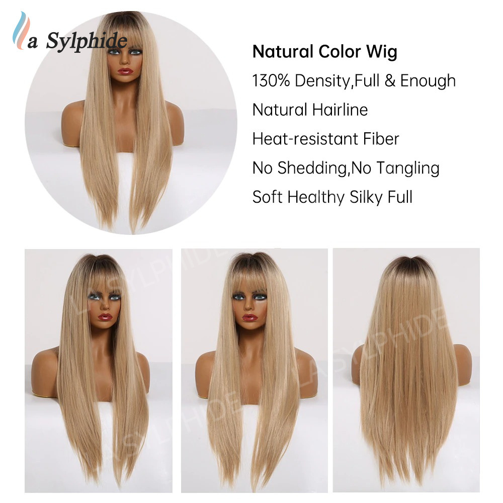 Natural bestseller Human Hair straight hair with air bangs, brown gradient gold Synthetic Wigs