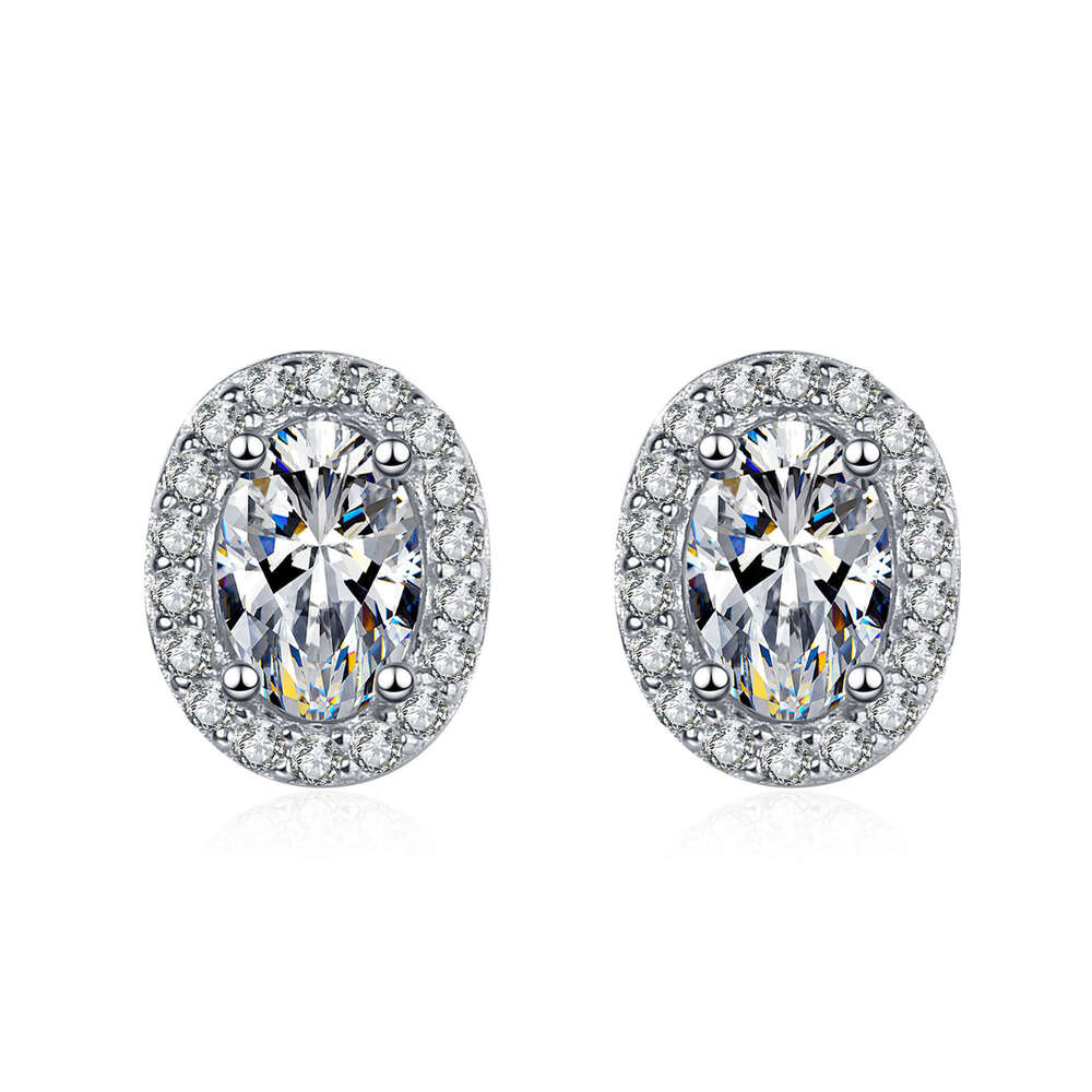 DHCollections-- Sterling Sier for Women, PT950 Plated, Petite Egg-Shaped Inlaid Moissanite Stud Earrings