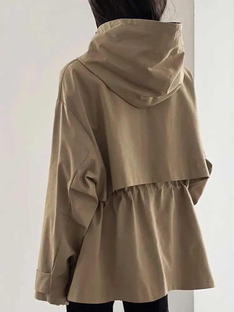 Cotton Khaki Hooded Trench Coat Womens Autumn And Winter Short Retro Casual Loose Top 251021