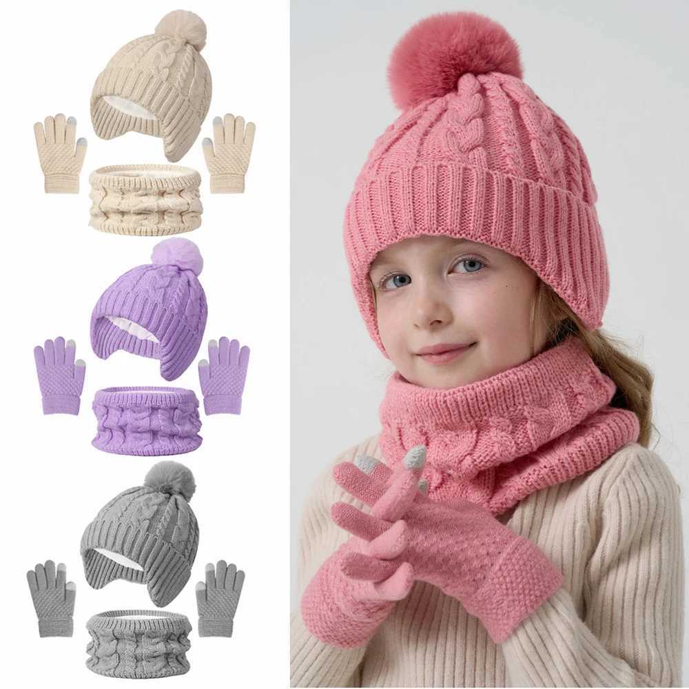 3Pcs Children Knitted Hat Scarf Gloves Set Fleece Lining Warm Kids Winter Hat Neck Warmer Suit Child Bonnet Cap Kids Beanie 38YL251024