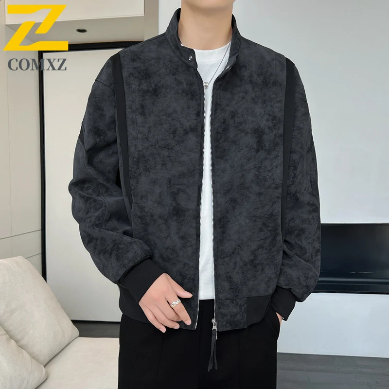 COMXZ Men Suede Jacket Lightweight American Trendy Comfort Leather Jacket Casual Stand Collar Daily Windproof Autumn Clothing 251023