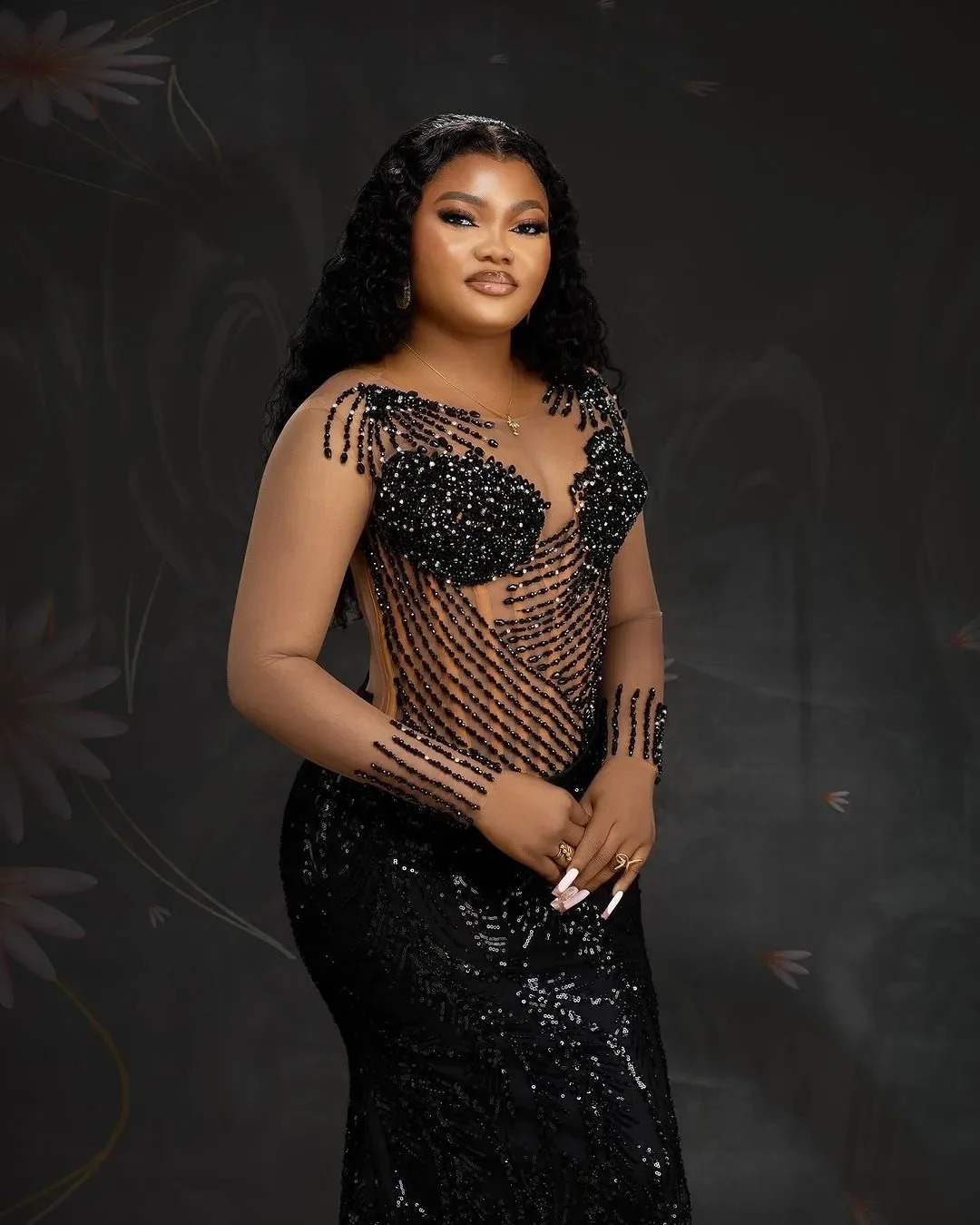 Sexy Black Illusion Mermaid Prom Dresses Beaded Rhinestones Full Sleeves Evening Formal Party Birthday Gowns Dress Customized 251023