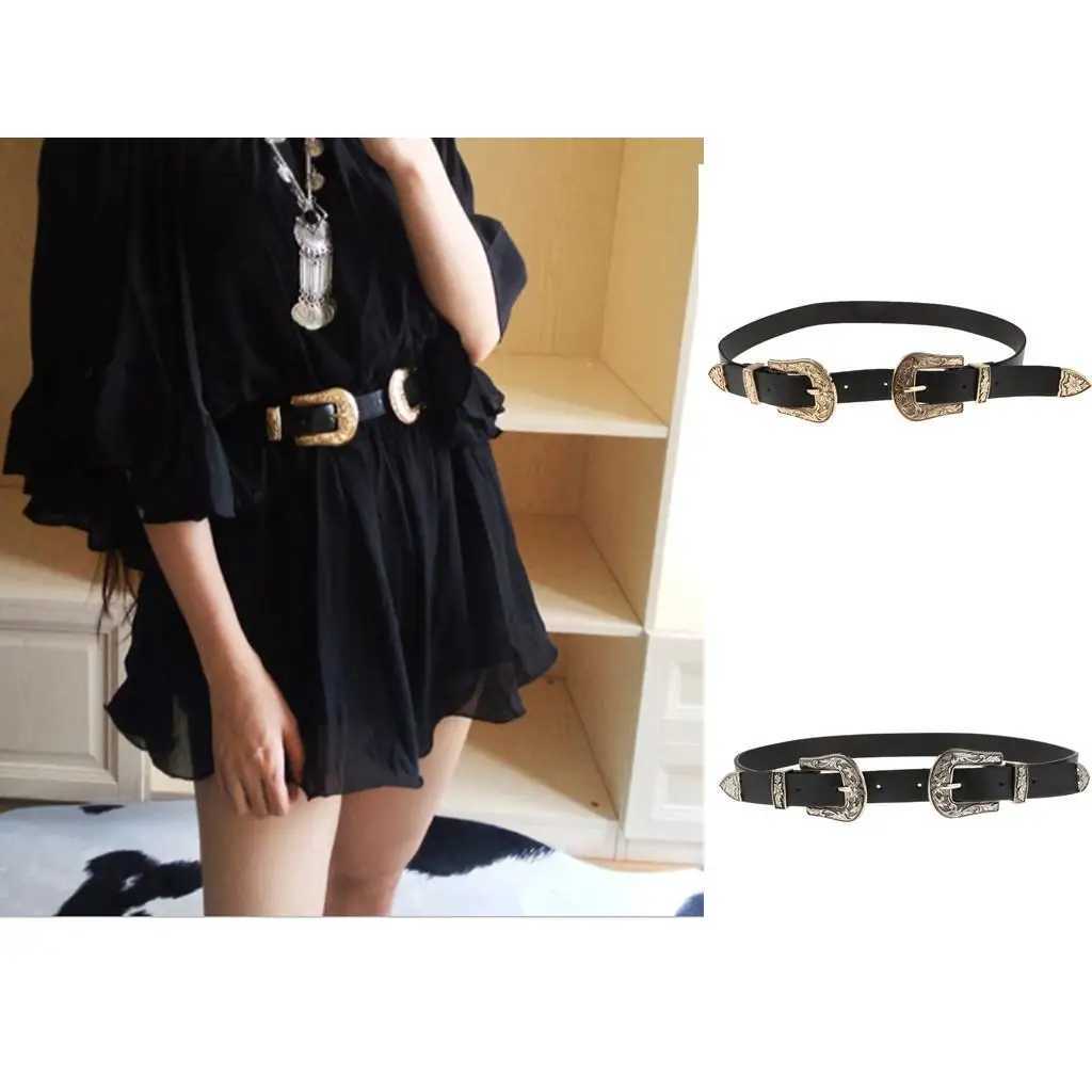 Womens Skinny Slim Retro Vintage Leather Double Buckle Belt Waist Strap for a Western Style Outfit or Casual Jean Belt W251024