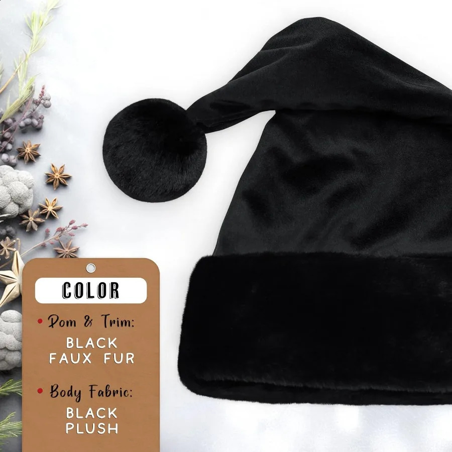 All Black Santa Hat with Black Furry Trim Faux Fur for Gothic Christmas Decor Spooky Goth Theme Holiday Accessory Adu 251023