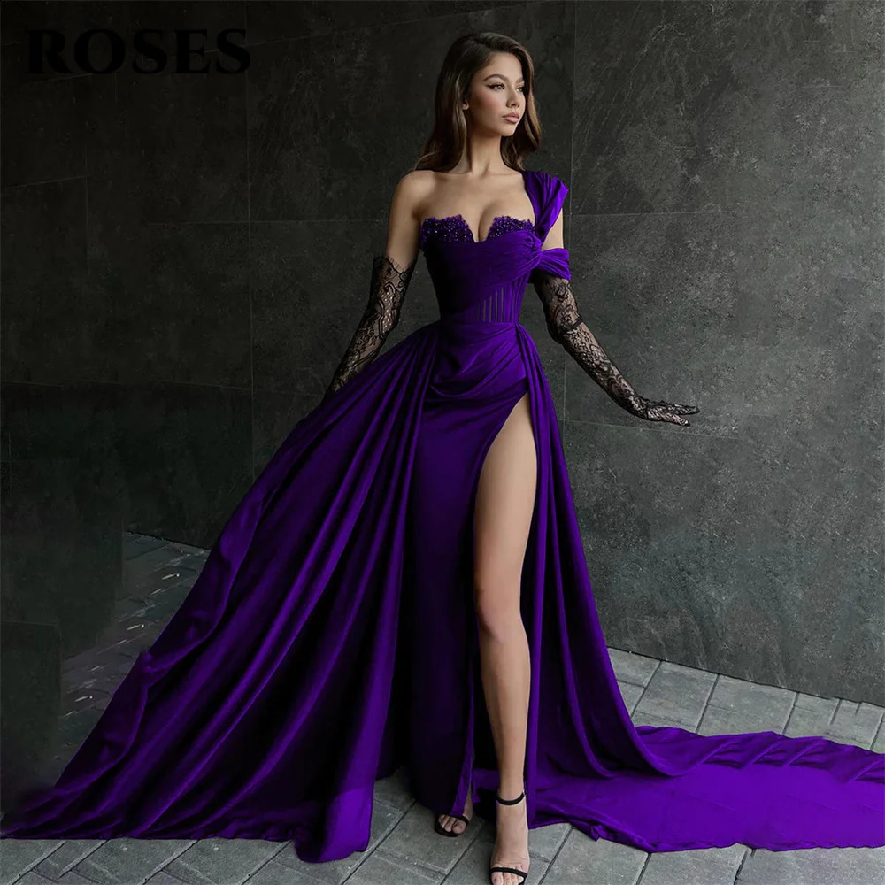 ROSES Red Side High Split Mermaid Evening Dresses One Shoulder Prom Dresses Sweetheart Stain Formal Occasion Dress Customized 251023
