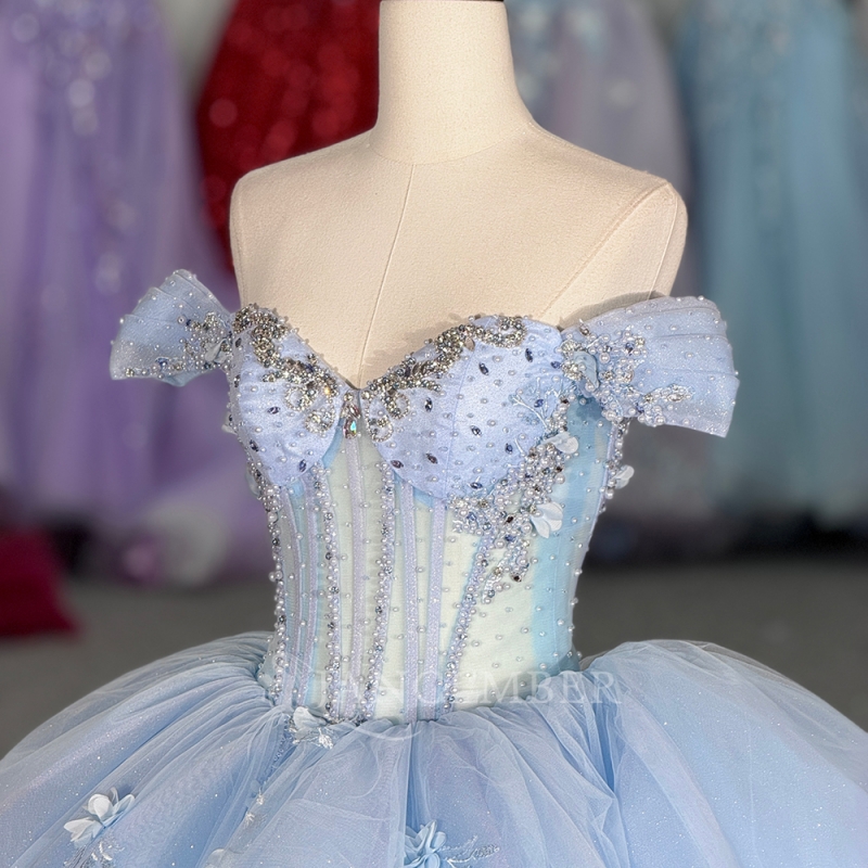 Sky Blue Quinceanera Dresses Ball Gown Off The Shoulder Applique Flower Beading Crystal Corset Tull Party Birthday Sweet 16 Dress Vestidos 15 De Anos