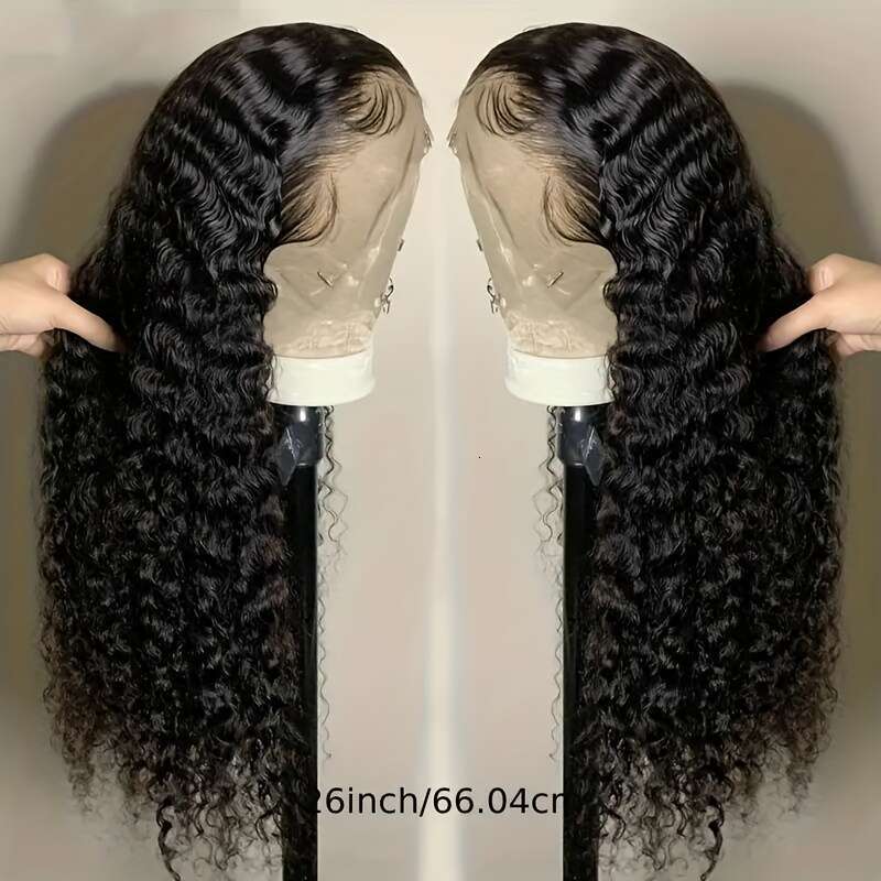 Brazilian Deep Wave Human Hair Front Wig - HD Transparent 13x4 Lace Frontal, Pre-Plucked 200% Density Natural Black Curly Wigs Women, Elegant Style fo