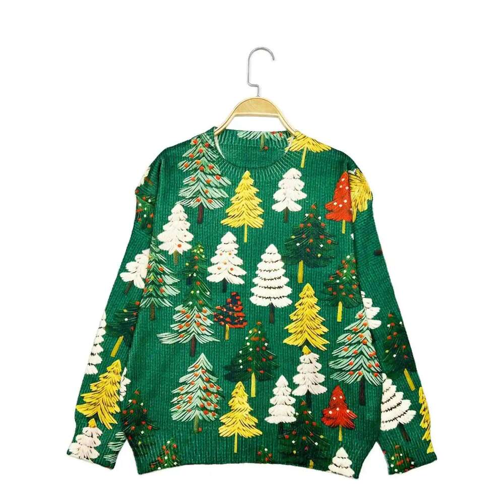 Autumn And Winter New Casual Pullover Long-Sleeve Women's Shirt Christmas Tree Pattern Flat Digital Printing Fashion Wom