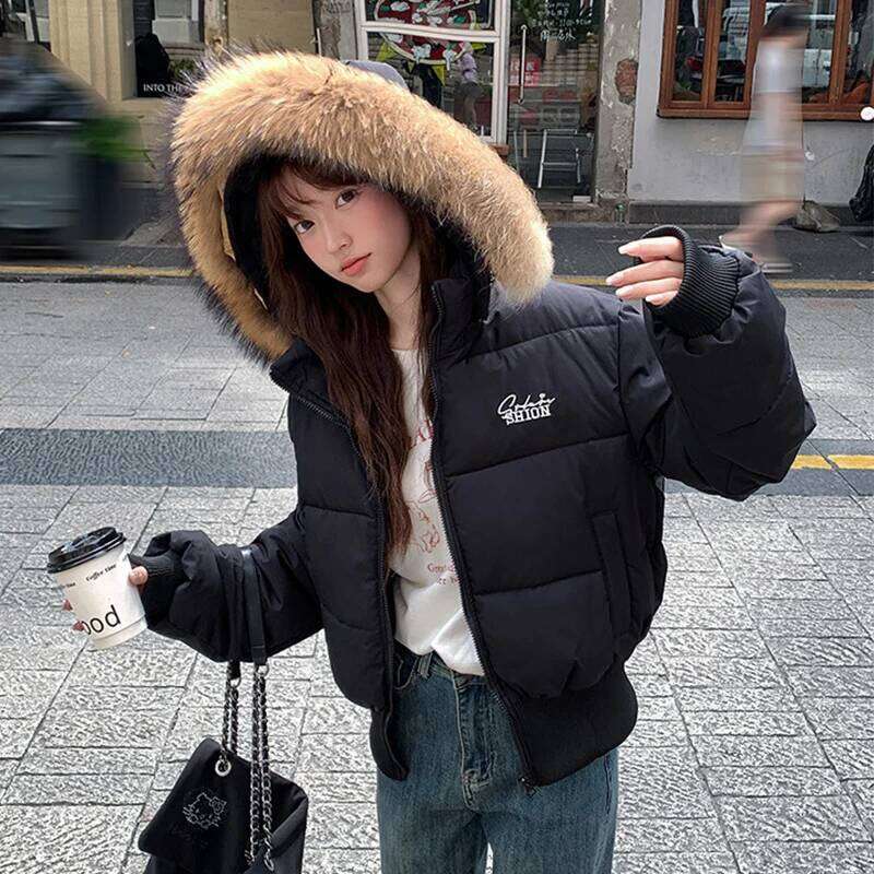Winter Korean Street Fur Hooded Jacket Women Fashion All Match Puffer Down Cotton Parka Coat Cotton-Padded Cropped Parkas