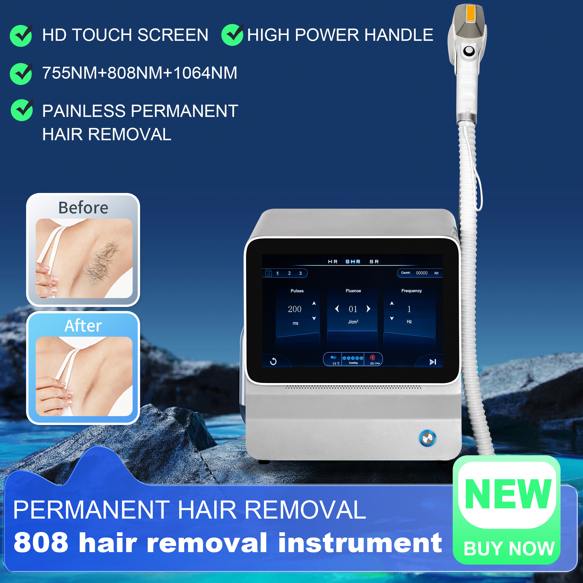 Diode Laser Hair Removal 3 Wavelengths 755 1064 808nm Laser Ice Platinum Permanent Painless Hair Removal Professional Machine