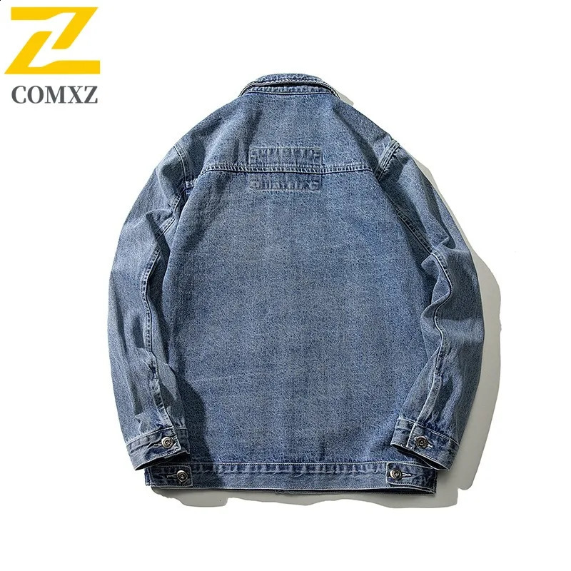 COMXZ Mens Cotton Denim Jacket Vintage Street Fashion Blue Washed Jackets Premium Y2k Harajuku Style Spring Autumn Coat 251017