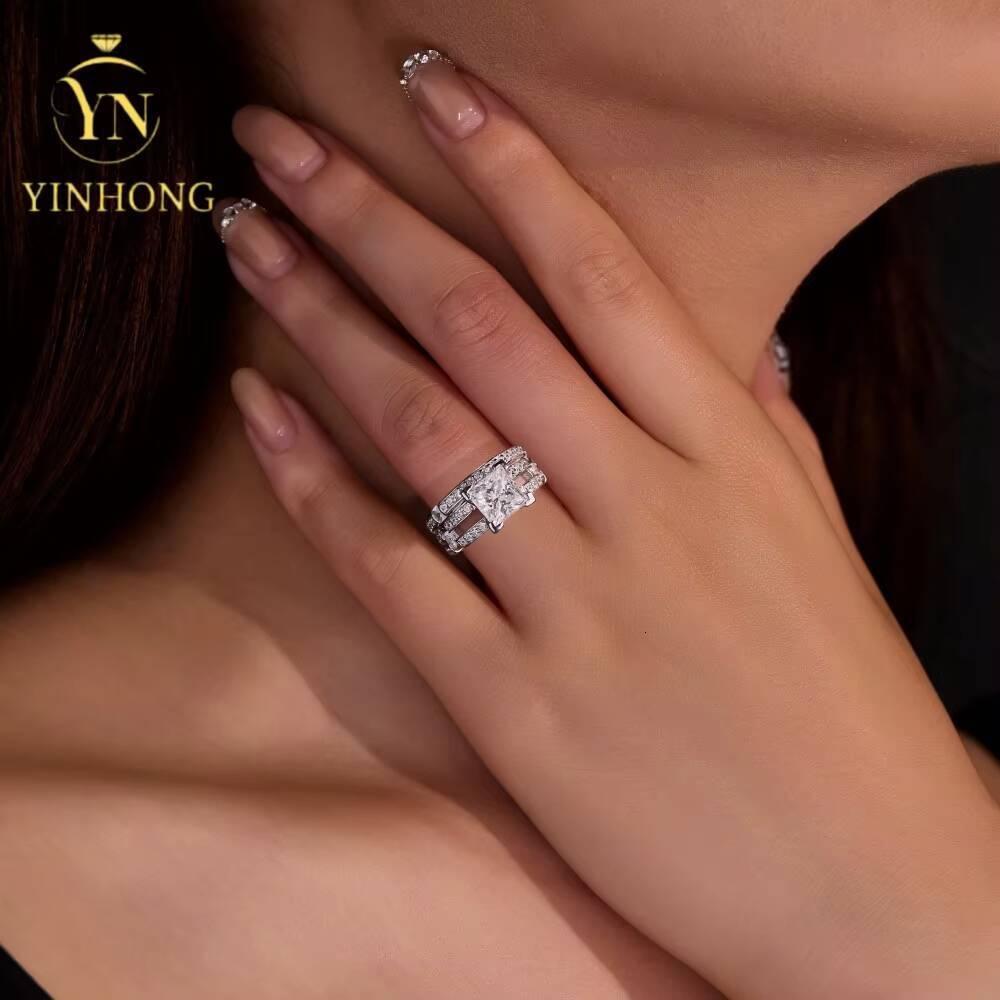 Fashion Silver Color Diamond Band Wedding Ring S925 Silver Set Jewelry Engagement Moissanite Ring