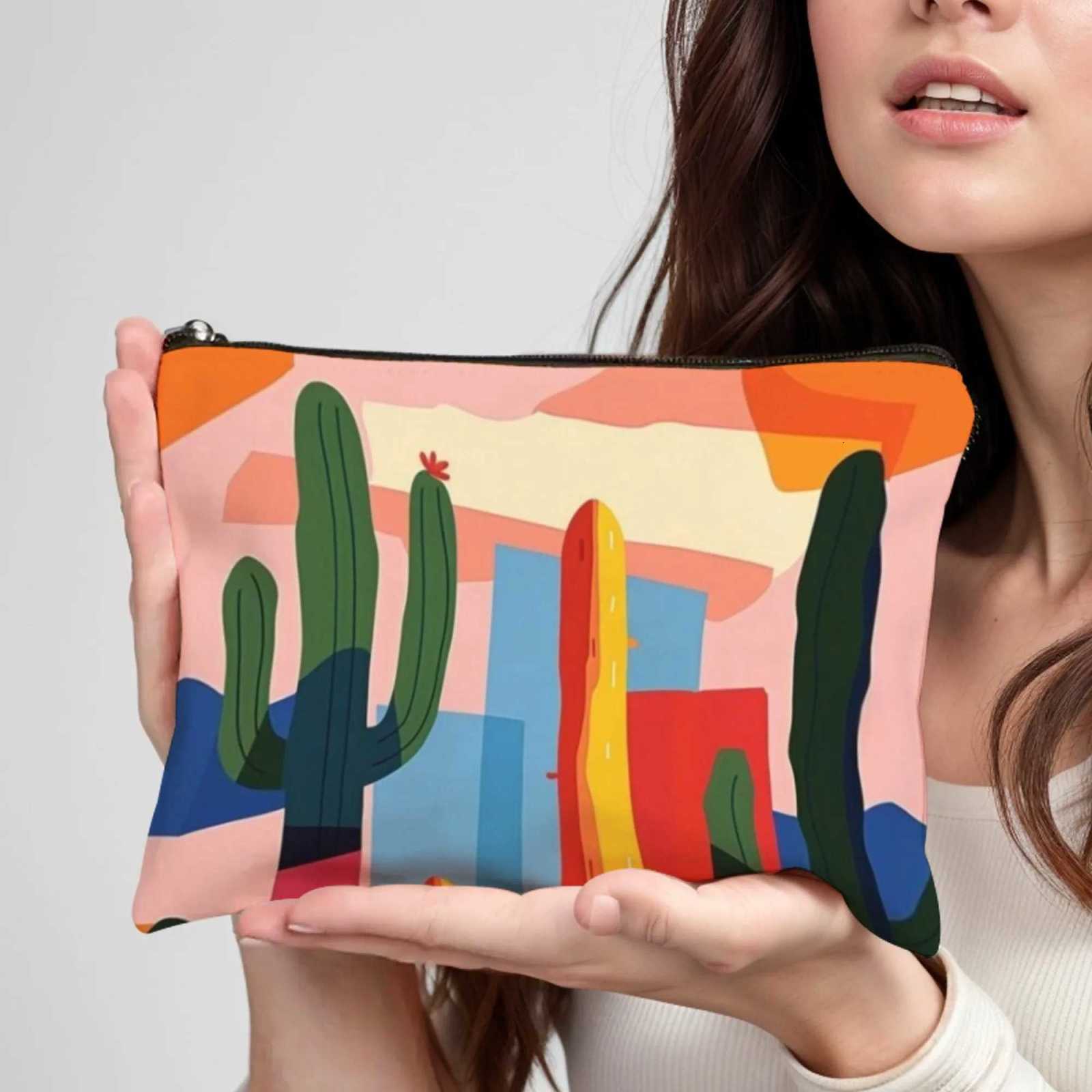 Colorful Cactus Multifunction Cosmetic Pouch Vibrant Desert Style Compact Makeup Bag for Daily Travel Use Vacation EssentialsT251024