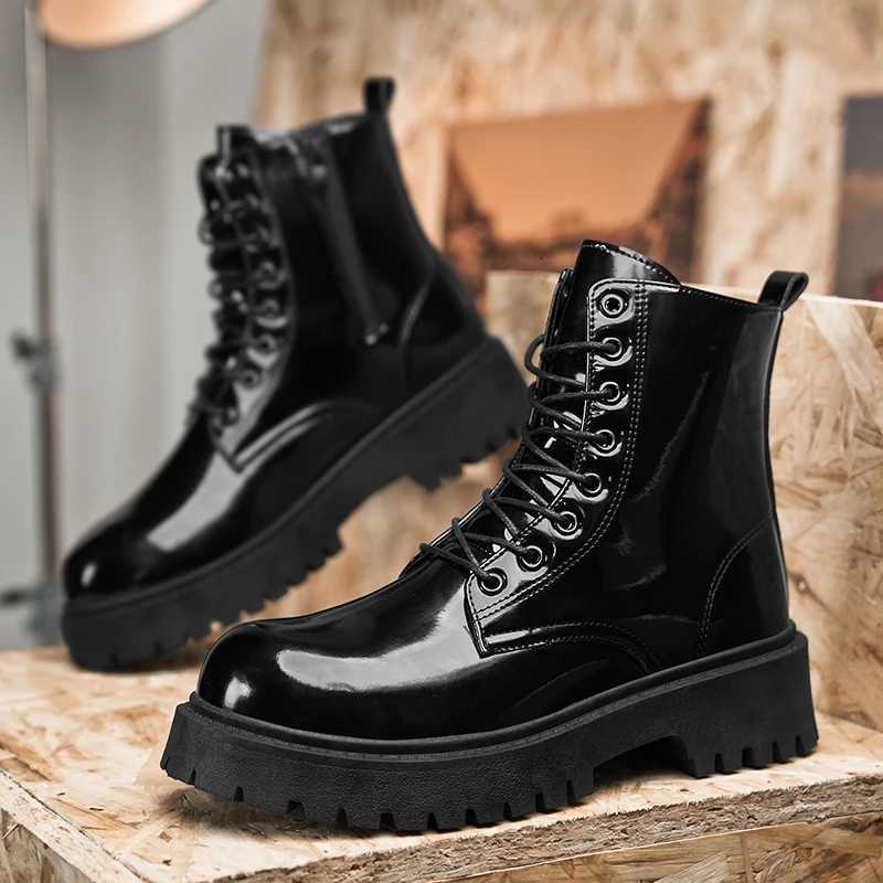 Men Shoes Couple Leather Boots Men Women Unisex Outdoor Casual Shoes Leather Motorcycle Boots High Top Glossy Mens Ankle Boots W251024