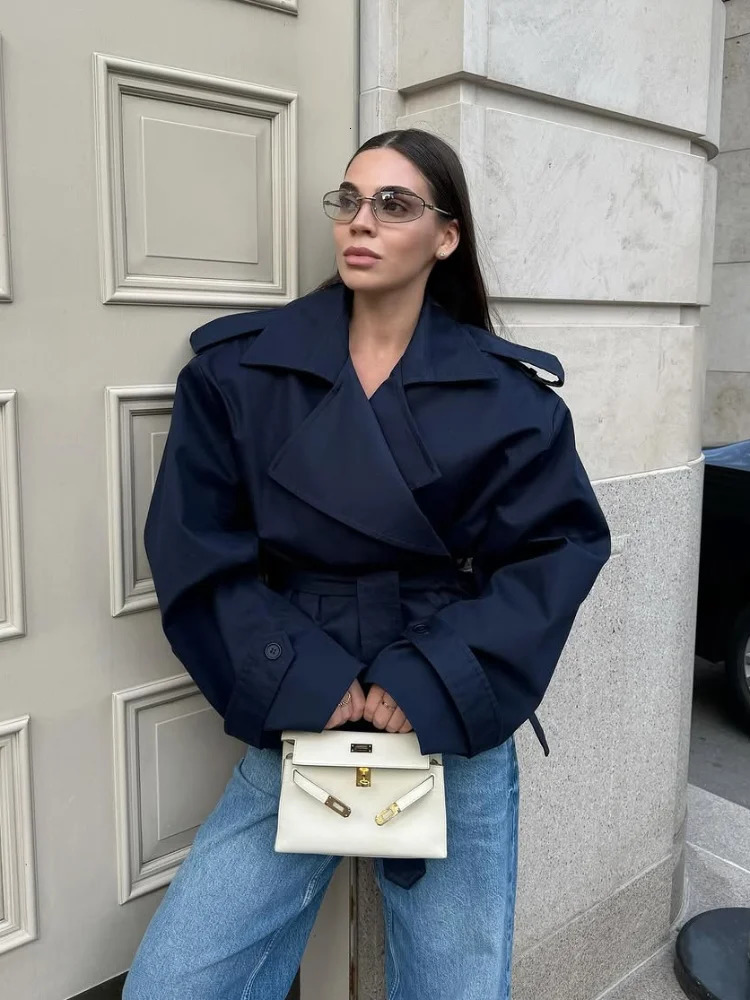 Solid Belted Oversized Windbreaker Womens Fashion Full Sleeve Button Loose Long Coat Office Lady Daily Commute Overcoats 251021
