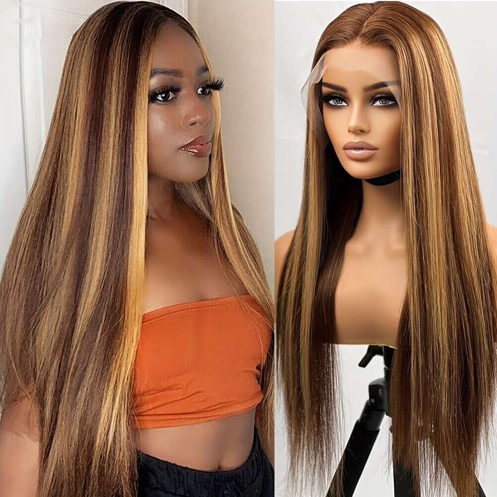 13x4 Honey Blonde Straight Lace Front Highlight Ombre 200% Density Plucked Pre Cut Transparent Frontal Human Wigs For Women With Baby Hair 4/27