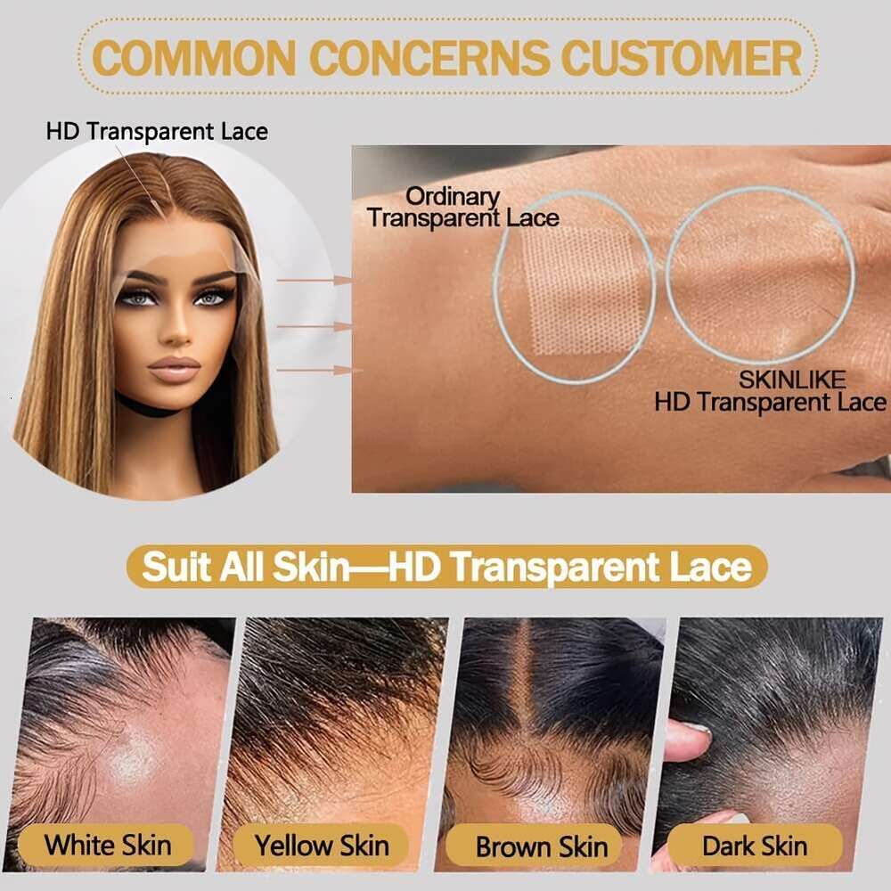 13x4 Honey Blonde Straight Lace Front Highlight Ombre 200% Density Plucked Pre Cut Transparent Frontal Human Wigs For Women With Baby Hair 4/27