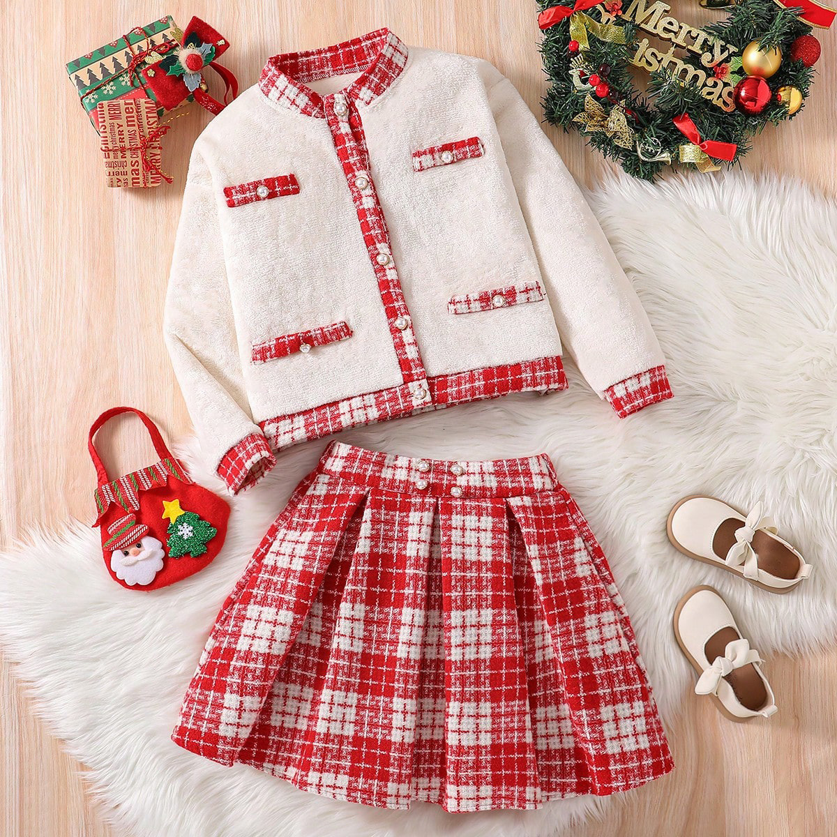 Girl designer fashion two-piece cross-border wholesale autumn and winter patch plaid jacket red pleated skirt set