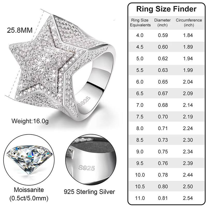 Dropshipping Fine Hip Hop Jewelry Iced Out 925 Sterling Silver Lab Grown VVS Moissanite Diamond 2 Layers Star Ring for Men Women