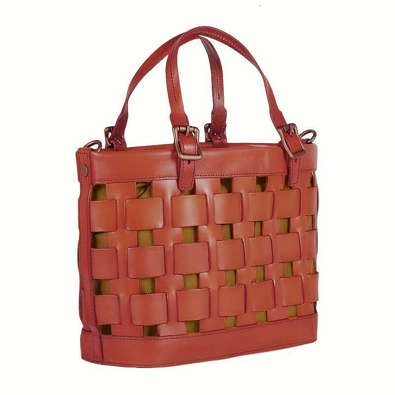 Brown Vintage Style Genuine Leather Woven Handbag For Women With Golden Accents, Zipper Closure, Polyester Lined, Shoulder & Handba