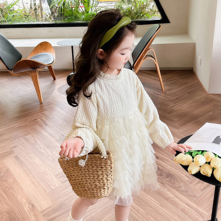 Girl fashion designer dress autumn fashion children's princess dress one year old baby formal dress cardigan wool sweater mesh dress spring and a