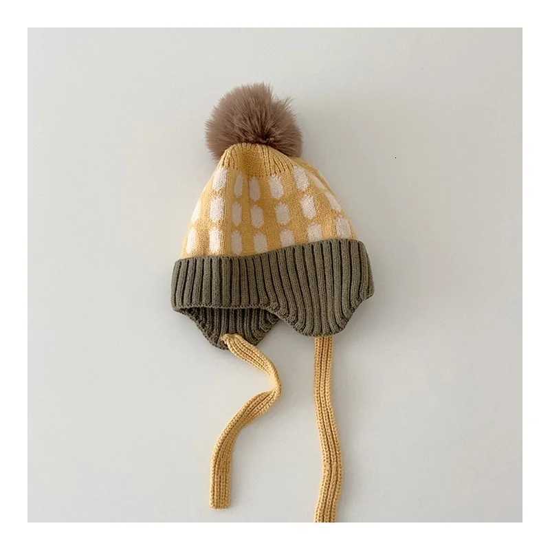 Korean Style Kids Knitted Hat with Straps Large Pom Colorful Checkered Earflap Beanie Boys Girls Autumn Winter Warm HatL251024