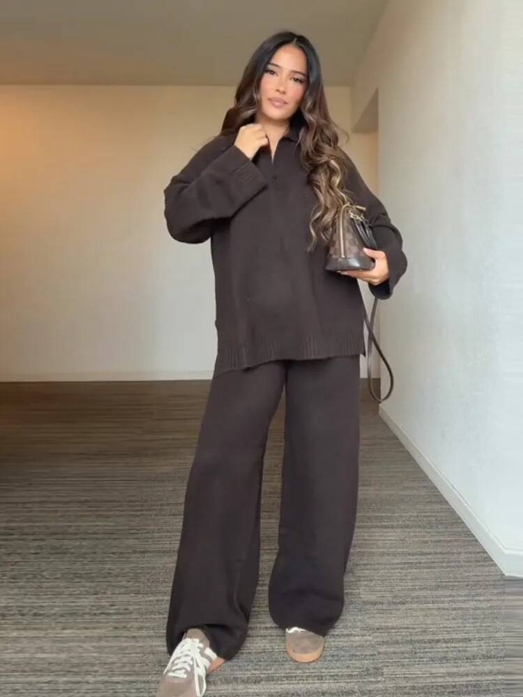 Classic Knitted Sweater Long Pant Set Women 2025 Chic V-neck Sweaters Loose Pants Sets Female Autumn Casual Street Outfits dongdumaoyi