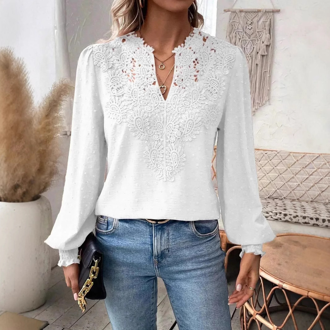 2025 Autumn Winter New Fashion V-neck Lace Solid Color Long Sleeve Casual T-shirt for Women
