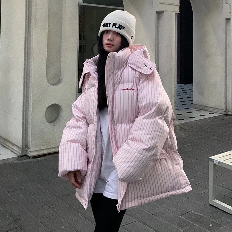Overcoat Fashion Temperament Striped Warm Hooded Womens Quilted Cotton Coat Winter Loose Casual Women Cotton Coat H250 251023