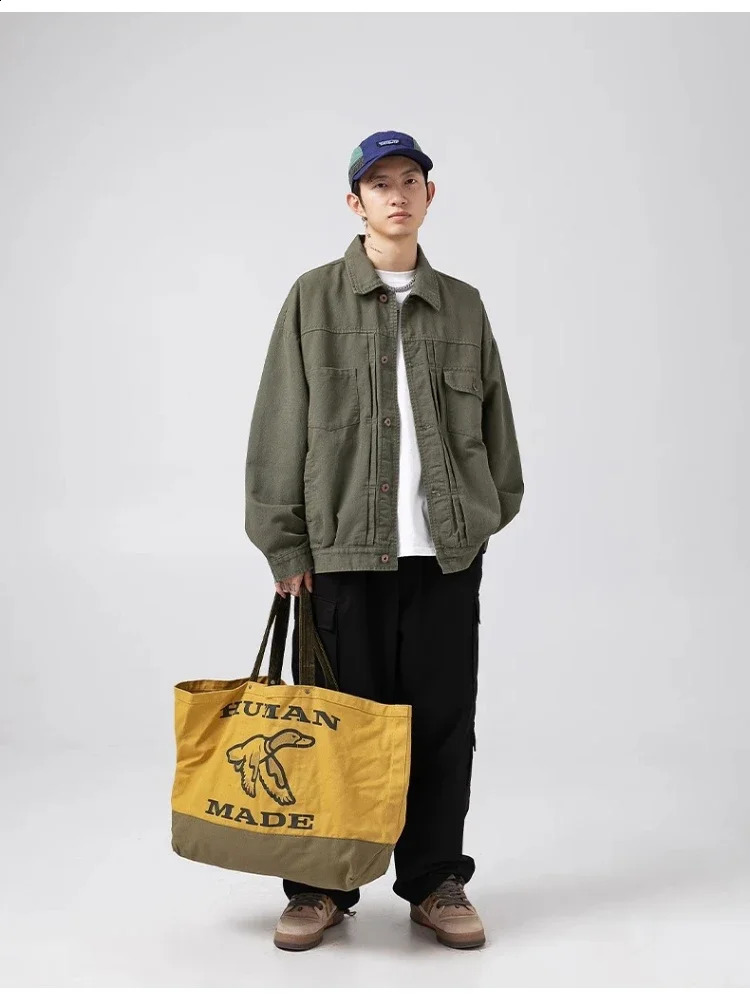 Vintage Utility Cargo Denim Jacket Men Pleated Front w Flap Pockets Long Sleeve Oversized Spring Fall 2025 Casual Coat 251017
