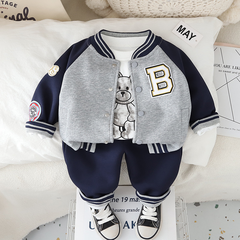 Fashion 2025 Boys Baseball Outfit 3-Piece Set, Color-Blocked Jacket with Pants, Spring Autumn Clothes for Toddlers 1-3 Years Free Shipping