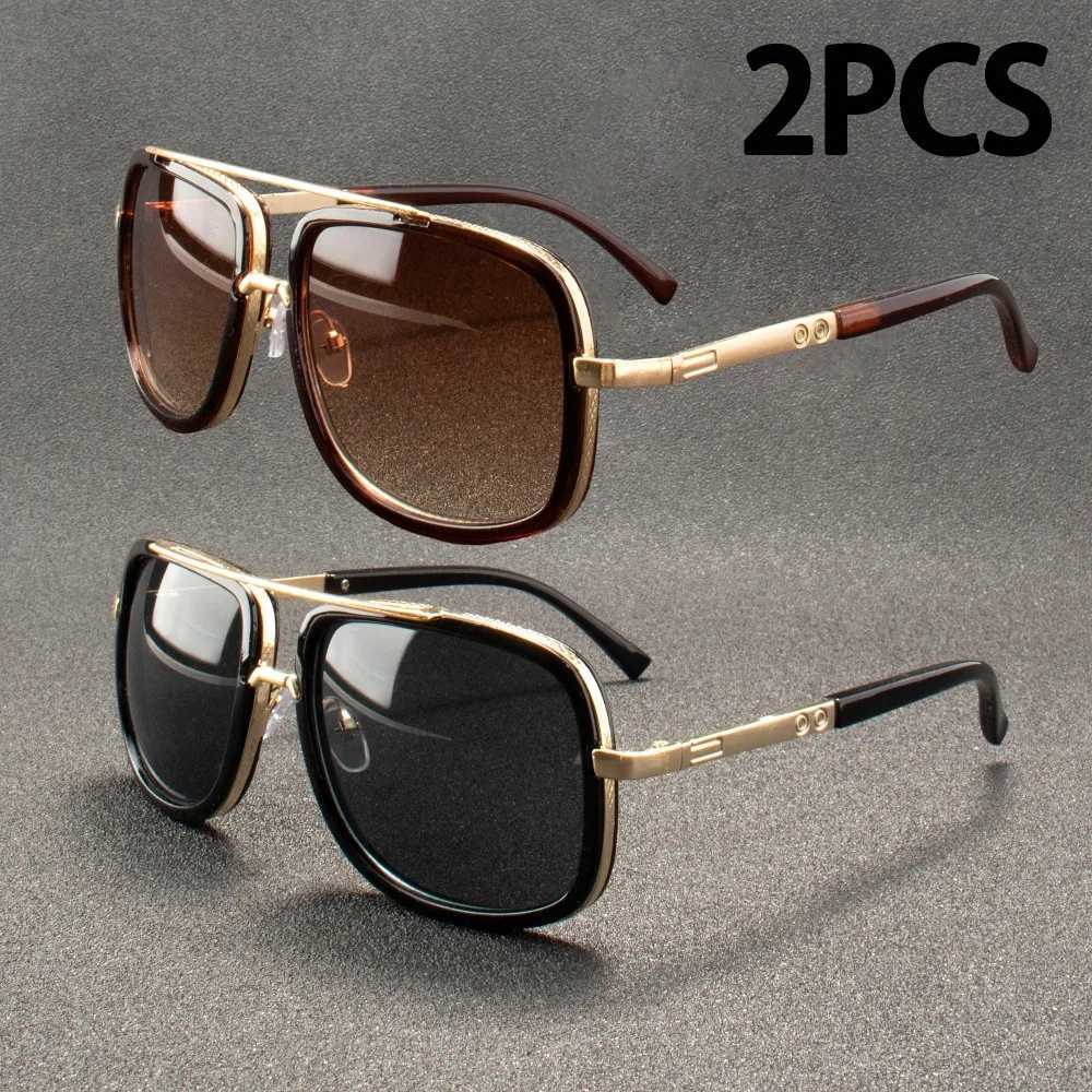 2PCS Fashion Big Frame Sunglasses Men Square Metal Sun Glasses Women Retro Sun Glasses Vintage High Quality Gafas Oculos De SolT251024