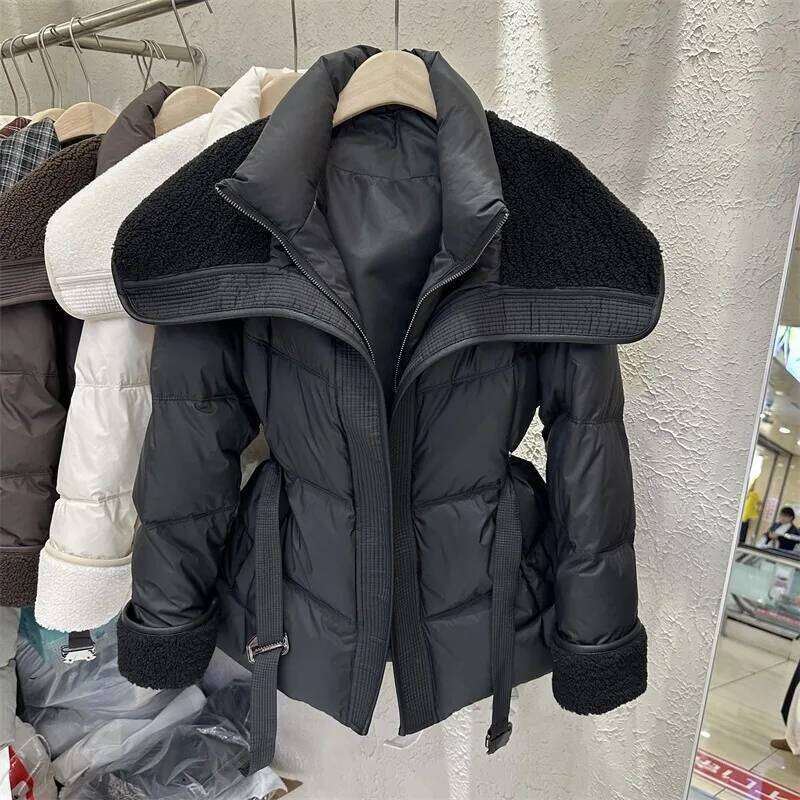 Lamb Wool Spliced Cotton Jacket With Belt Women's Autumn Winter Stand Collar Thick Short Outwear 2025 New Long Sleeved Warm Coat