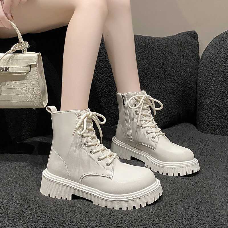Womens Boots 2024 AutumnWinter New British Style Plush Fashion Thick Bottom Motorcycle Boots Lace Comfort Zipper Snow Boots W251024