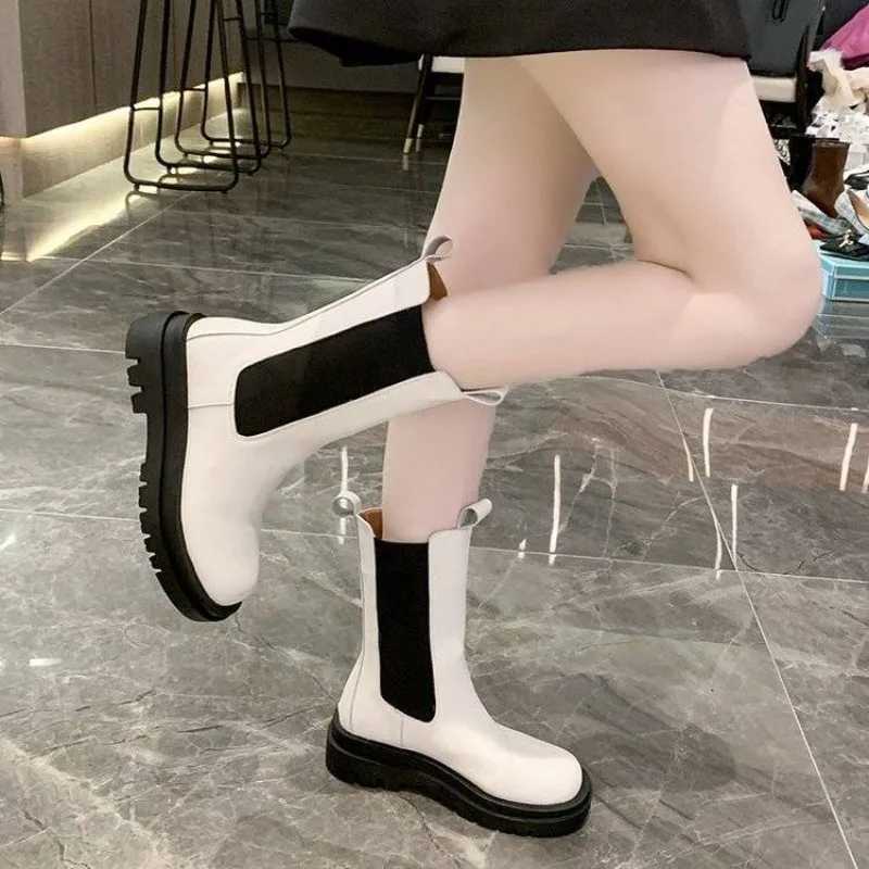 Black Ladies Boots Elegant with Low Heels Shoes for Women Chelsea Mid Calf Half High Footwear Spring Autumn Sale Quality 2025 Pu W251024